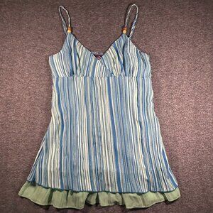 VTG Y2k Jordache Striped Blue Green Pleated Baby Doll Tank Top Junior M (7/9)